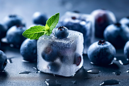 Frozen blueberries in block of ice.の素材