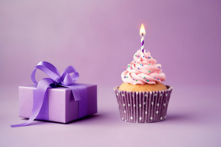 Purple cupcake with a birthday candle.の素材