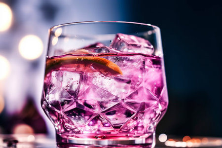 Purple glass of gin and tonic with ice. Ai generated.の素材