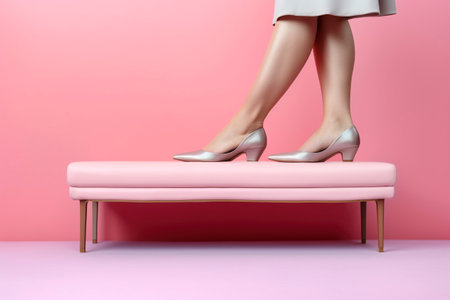 Woman's legs in red high-heeled shoes, slim and beautiful legs, copy space.の素材