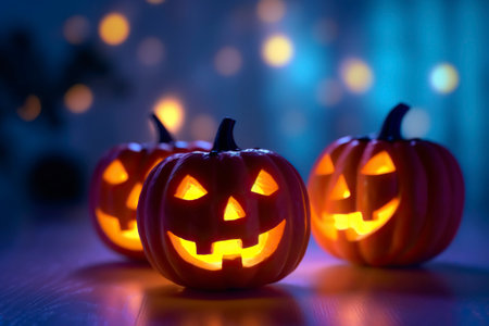Pumpkins carved and illuminated from within, background for Halloween. Ai generated.の素材
