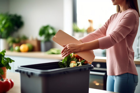 Woman throwing organic waste into a garbage can inside her kitchen.の素材