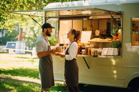 Picking up a food order at a food truck in summer.の素材