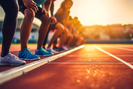 Group of athletes at the starting line, detail of the feet, copy space.の素材