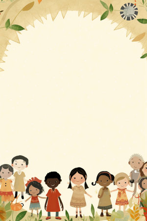 Children's illustration for use as a cover, or to fill in its empty central space, motifs of happy children.の素材