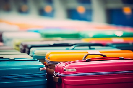 Admire the intricate detail of the colorful modern suitcases, adding a touch of style to any journey. AI Generated.の素材