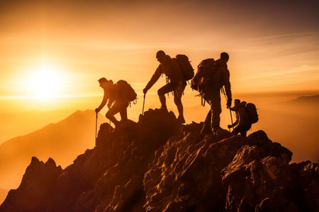Against the breathtaking backdrop of the mountain, the silhouette of a united group of climbers conquers the summit, embodying the power of teamwork. Ai generated.の素材