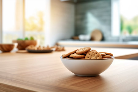 A delicious homemade bowl of oatmeal and chocolate cookies, tempting and warm in the kitchen.の素材
