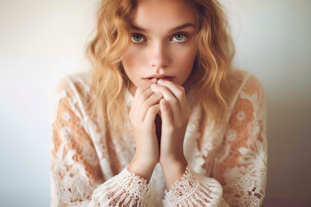 A young woman donning vintage attire, strikes a contemplative pose, hands clasped in a traditional gesture.の素材