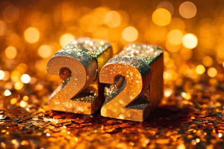 The number "22" stands out against a background of dazzling gold glitter, ideal for festive designs.の素材