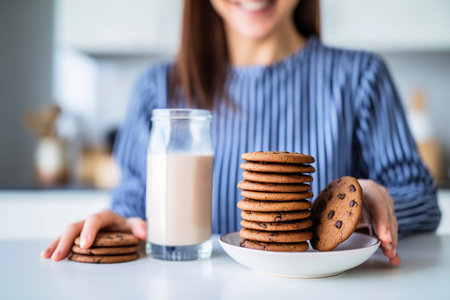 Delicious and Nutritious Milk-Based Breakfasts with Chocolate Cookies. AI Generated.の素材