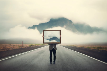 In the introspective travel concept, a man stands on a road between clouds, holding a frame, symbolizing the limitless possibilities of the journey ahead. AI Generated.の素材