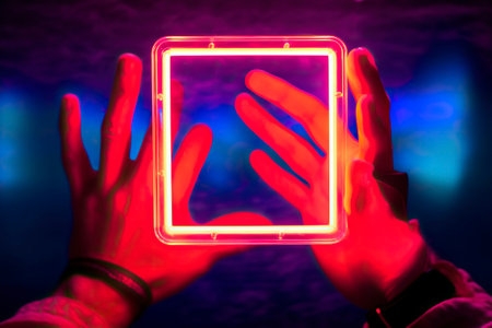 A hand holds a neon frame, glowing in the dark futuristic, artists.の素材