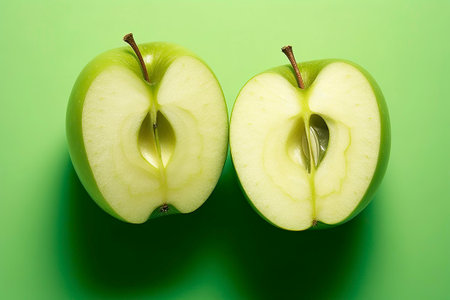 Green granny apple, cut in half, on flat color background. Ai generated.の素材