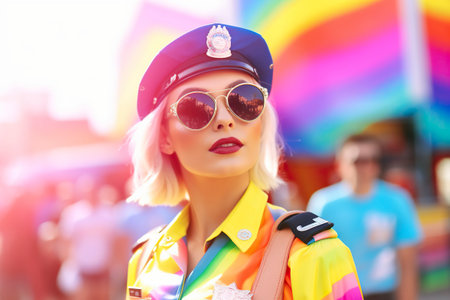 A vibrant individual dons a police uniform on Gay Pride Day, spreading love and support.の素材