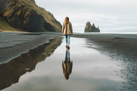 Woman walking alone on a spectacular Nordic beach.の素材