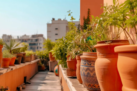 Large terracotta flower pots on the sunny terrace of a Mediterranean house. Ai generated.の素材
