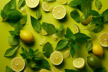 Natural background with slices of citrus limes and lemons. Ai generated.の素材