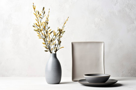 A blank card on a white table against a wall. Ai generated.の素材