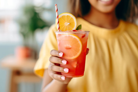 Young woman drinks a glass of a healthy and natural fruit drink to hydrate.の素材