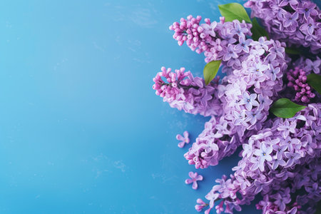 A delicate glass of water holds a beautiful arrangement of scented lilac flowers.の素材