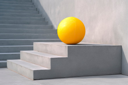 A ball falls down some stairs in a large concrete room, space for designs and products.の素材