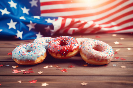 Donuts and pastries on an American patriotic background, with the USA flag and copy space.の素材