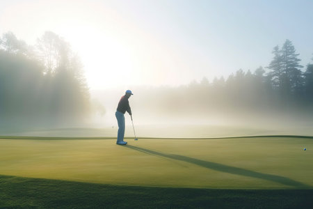 Golf player a foggy day.