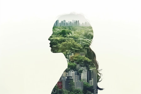On a white background, the silhouette of a woman filled with a forest, double exposure, with the environmental concept.の素材