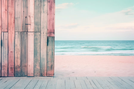 On the sand of the beach, a wooden board for advertising, copy space.の素材