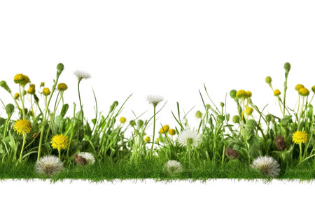Green grass and little flowers in a meadow, isolated on white background for cutout.の素材