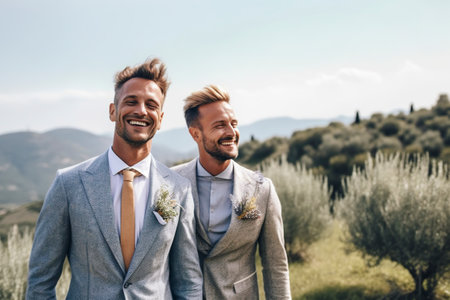 Two newly married gay men, posing in a photo session in elegant suits.の素材