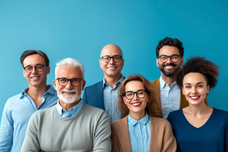 Group portrait, of several diverse people, flat background, smiling, business casual.の素材