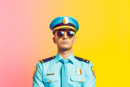 Disguised man, serious look, police officer with vibrant colors and clothing.の素材