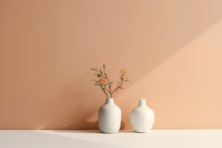Simple and minimalist composition of two vases on the floor, against an ocher wall.の素材