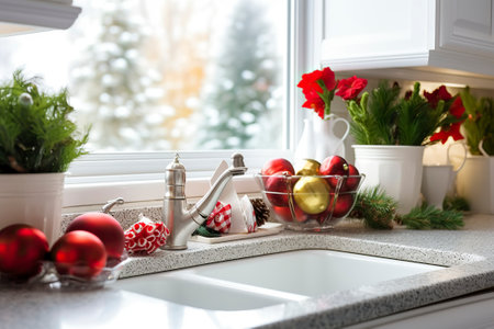 A kitchen with some Christmas decorations and details, bright and shiny.の素材