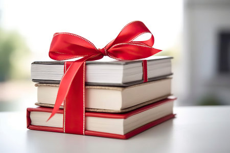 Stack of books wrapped in a red bow for a gift.の素材