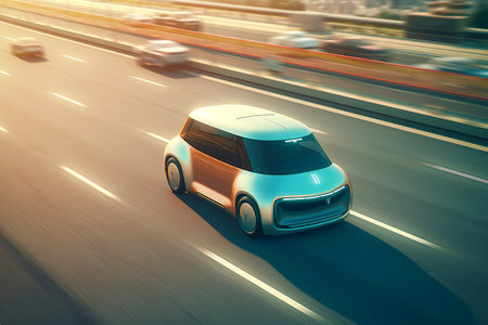 Realistic illustration of a concept car, driving on a highway in the near future.の素材