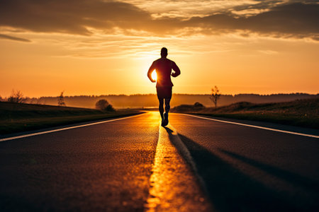 An athlete sprints through the scorching summer, racing down a sunlit trail, fueled by determination and energy.の素材