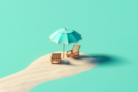 Illustration of sun loungers and parasol on beach sand, isometric composition with copy space.の素材