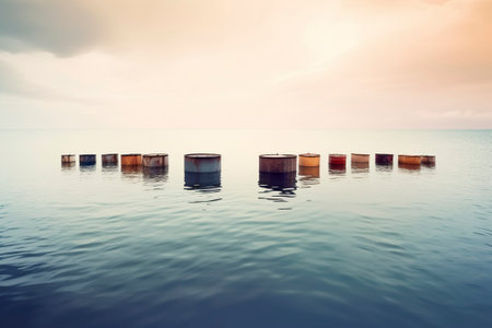 A ship drops barrels of oil into the sea.の素材
