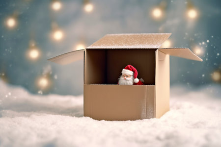 A Santa Claus doll inside a cardboard box, at Christmas home delivery increases.の素材
