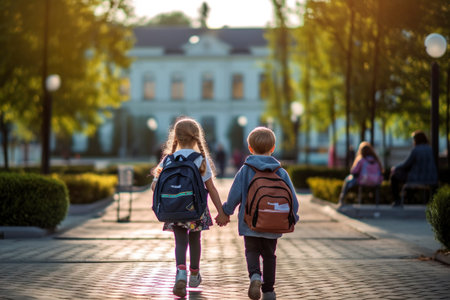 Two little brothers walk together, back to back with backpacks, on the way to school.の素材