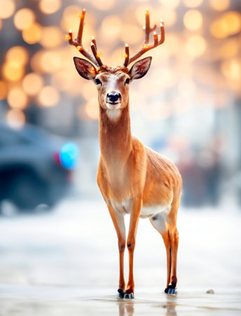 The magic of Christmas makes a deer with lights appear in the snowy city, a fantasy image.の素材