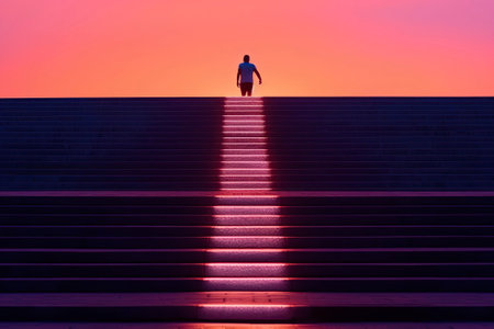 A lonely man at the top of a staircase, silhouetted at sunset, minimalist.の素材