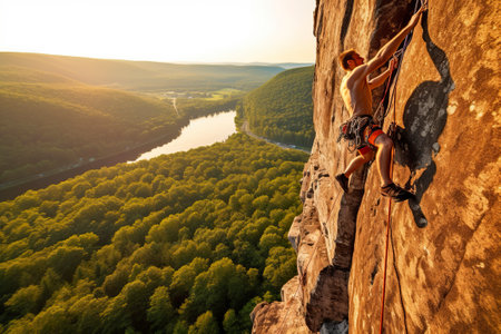 An athlete, man, climbing a bare rock wall on a vertical mountain, hanging from his harnesses.の素材
