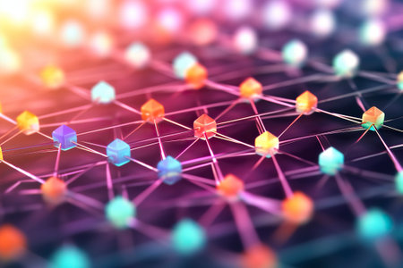 technological background, networks connected between nodes, cables link artificial neural structures.の素材