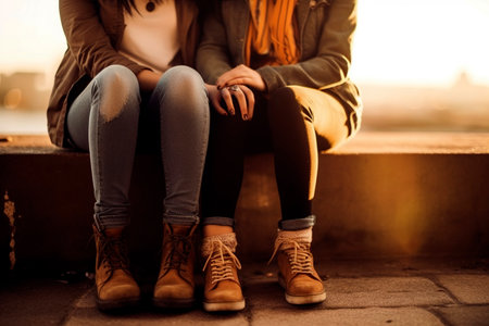 Candid image of two girls who are very close friends, in an intimate moment. Photo of legs only.の素材