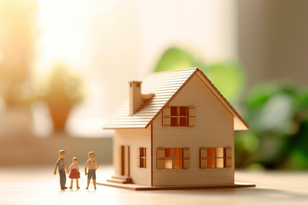 Figurine house, with family dolls, concept of simple housing. Defocused background for banners.の素材