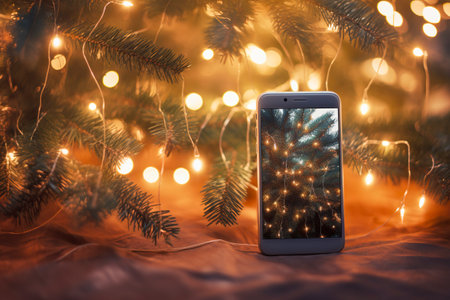 Mobile phone between the leaves of a Christmas tree, gift.の素材